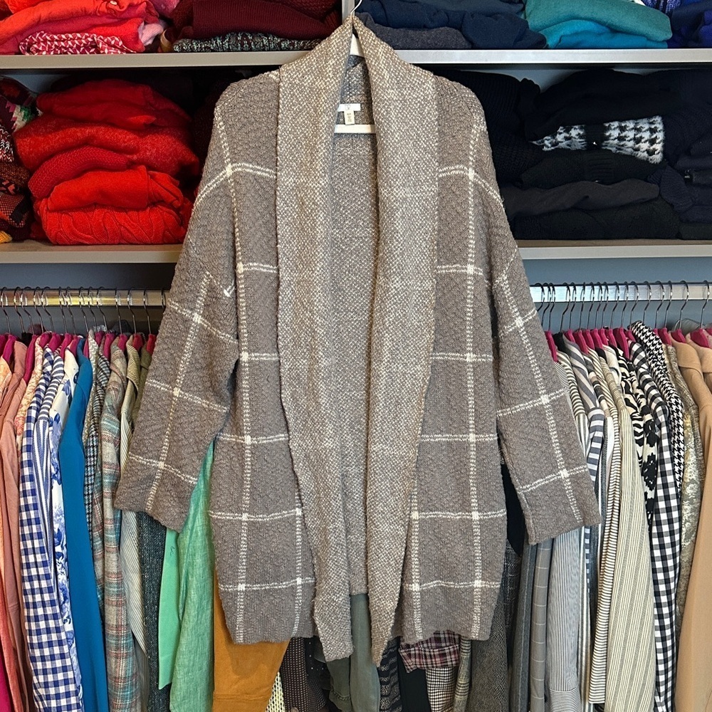 BP gray white windowpane long sleeve open front 2 pocket cardigan size XS/S